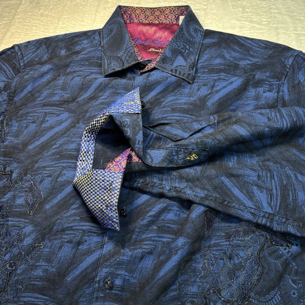 Robert Graham Limited Edition Shirt Large L Blue Jacquard Embroidered 888/1011